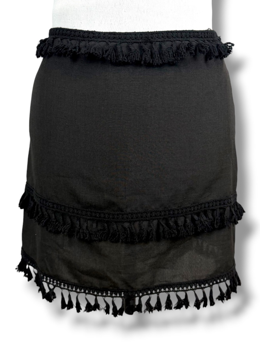 Cloud Ten‎ Black Fringe Tassel Mini Skirt Boho Festival Y2K Indie Sleaze Small